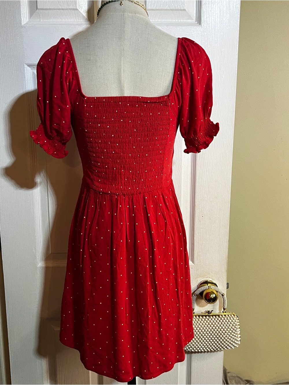 Gap Wms Red White Polka Dot Sweetheart Puff Sleeve Smock Retro Mini Dress XS - Picture 6 of 12
